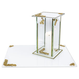 Znicz kapliczka GLASS KWADRAT DEKOR biało-złoty