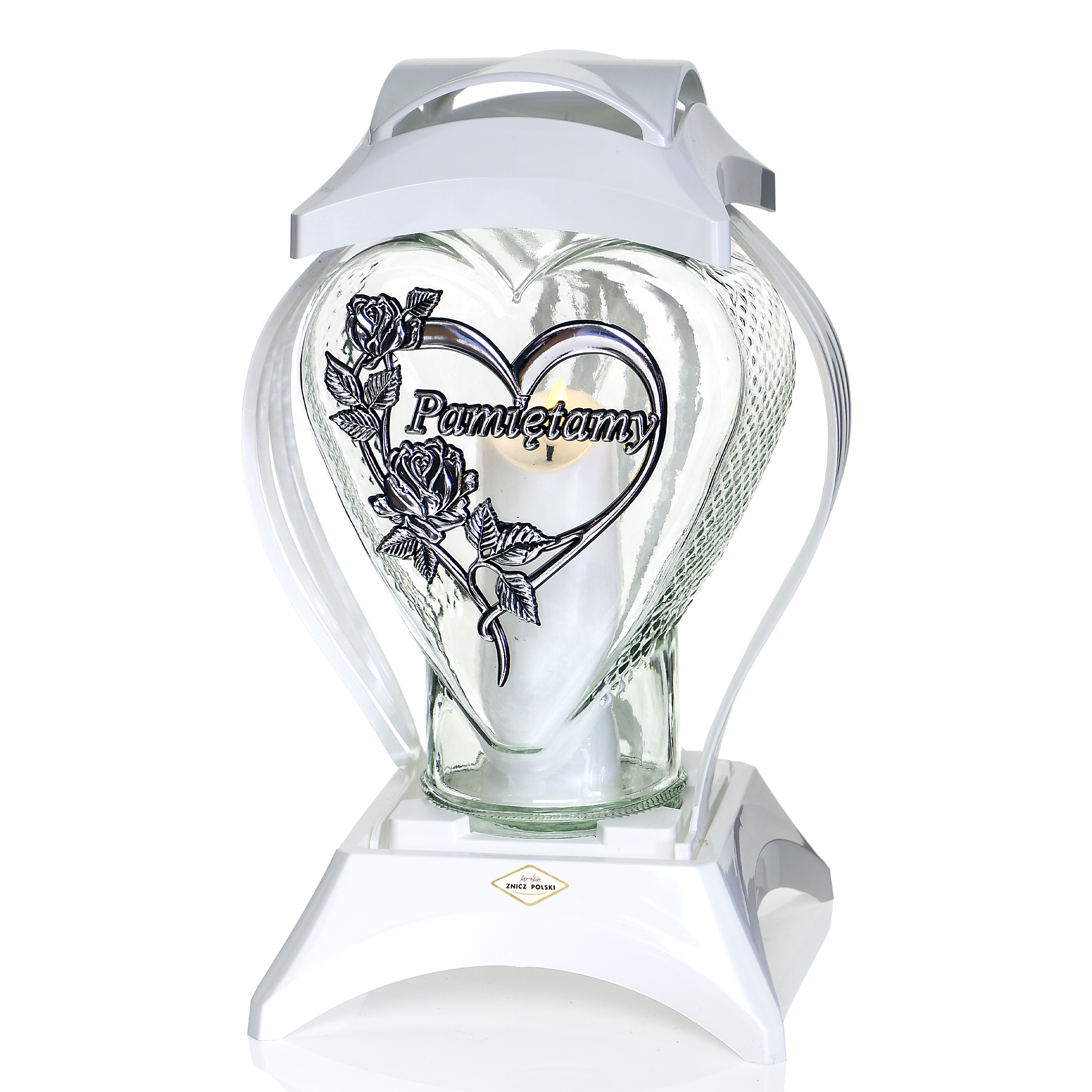 Znicz SERCE RAMKA PAMIĘTAMY biało-srebrny