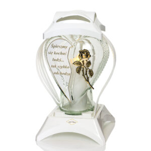 Znicz SERCE RAMKA DEDYKACJA RÓŻA biało złoty